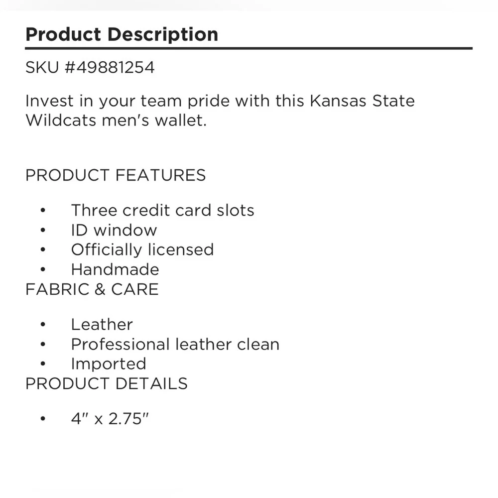 NIB Kansas State Wildcats Leather Wallet with Money Clip